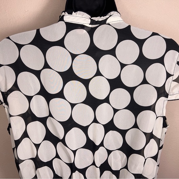 LARGE Y2K ERA BLACK WHITE POLKA DOT RETRO BLOUSE PINUP RUFFLE SHORT SLEEVE - Picture 3 of 10